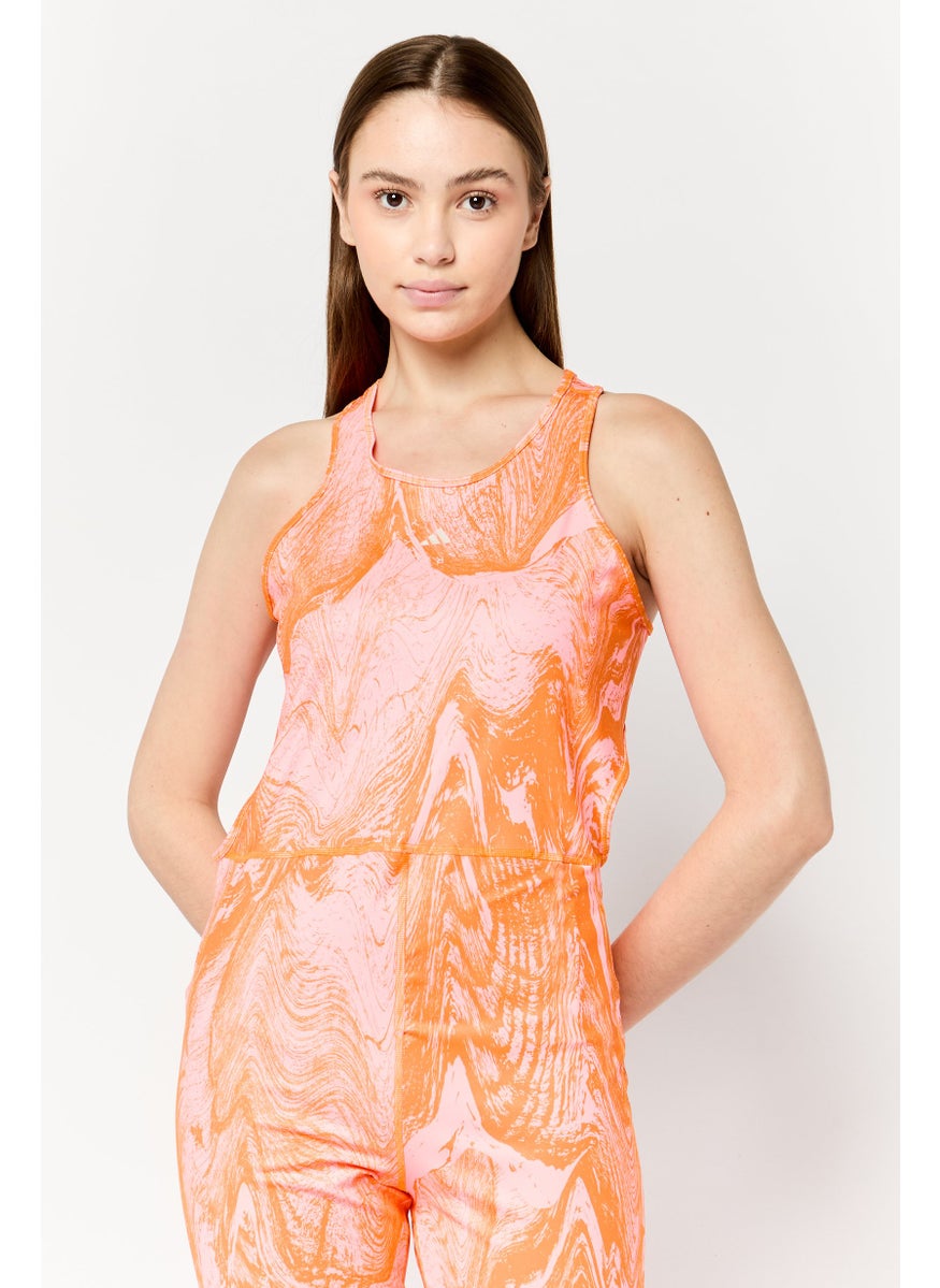 adidas By Stella McCartney Women One Piece Non Padded Brand Logo Swimsuits, Coral Orange  - Image 2