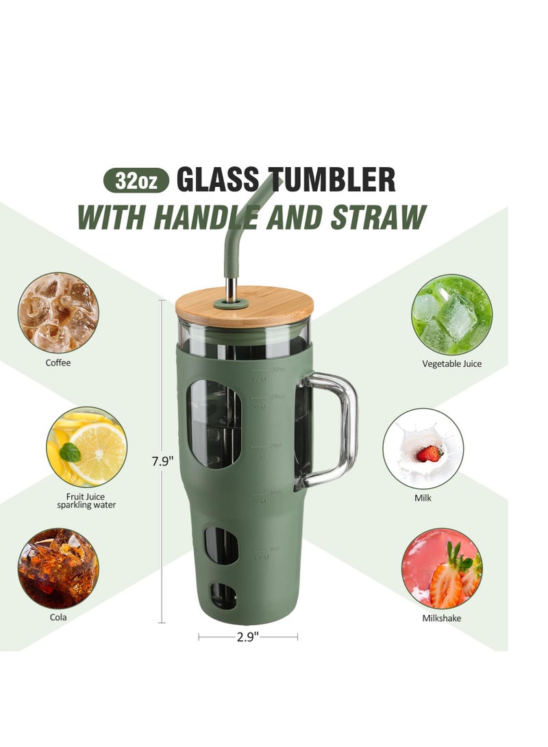 SYOSI كوب زجاجي بسعة 32 أونصة مع غطاء وشفاطة، زجاجات مياه زجاجية مع مقبض، كوب زجاجي مع علامة زمنية وغلاف سيليكون، يناسب حاملي الأكواب، خالٍ من BPA - زيتوني - Image 5