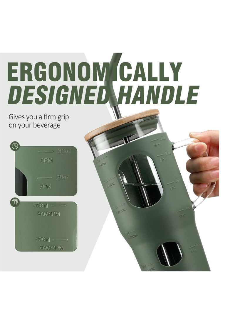 SYOSI كوب زجاجي بسعة 32 أونصة مع غطاء وشفاطة، زجاجات مياه زجاجية مع مقبض، كوب زجاجي مع علامة زمنية وغلاف سيليكون، يناسب حاملي الأكواب، خالٍ من BPA - زيتوني - Image 2