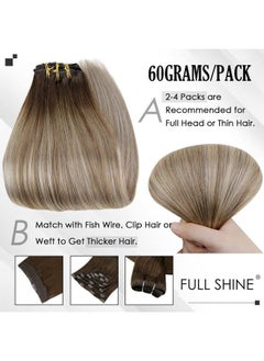 Full Shine Ombre Hair Extensions Clip In Human Hair Dark Brown Roots Ash Brown Mix Medium Blonde Lace Weft Clip In Hair Extensions Balayage Real Human Hair 3Pcs 60 Grams 18 Inch  - Image 5