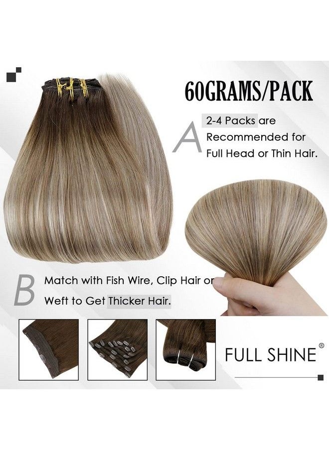 Full Shine - Ombre Hair Extensions Clip In Human Hair Dark Brown Roots Ash Brown Mix Medium Blonde Lace Weft Clip In Hair Extensions Balayage Real Human Hair 3Pcs 60 Grams 18 Inch - Image 1
