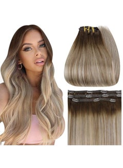 Full Shine Ombre Hair Extensions Clip In Human Hair Dark Brown Roots Ash Brown Mix Medium Blonde Lace Weft Clip In Hair Extensions Balayage Real Human Hair 3Pcs 60 Grams 18 Inch  - Image 2