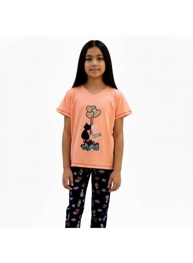 جوانا طقم بيجاما بناتي بطبعة حب القطط، قميص برقبة على شكل V بأكمام قصيرة وبنطال طويل، زهري/أزرق - Image 1