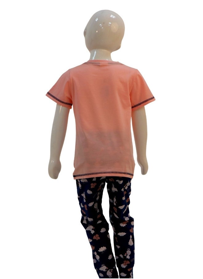 JOANNA - JOANNA Girl's Cat Love Print V-Neck Short Sleeve Shirt & Long Pants Pajama Set, Pink/Blue - Image 1
