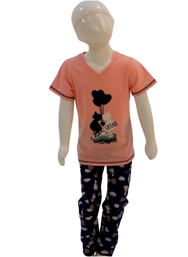 JOANNA - JOANNA Girl's Cat Love Print V-Neck Short Sleeve Shirt & Long Pants Pajama Set, Pink/Blue - Image 1