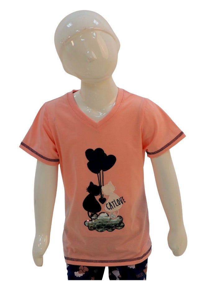 JOANNA - JOANNA Girl's Cat Love Print V-Neck Short Sleeve Shirt & Long Pants Pajama Set, Pink/Blue - Image 1