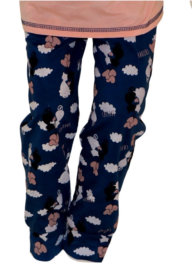 JOANNA - JOANNA Girl's Cat Love Print V-Neck Short Sleeve Shirt & Long Pants Pajama Set, Pink/Blue - Image 1