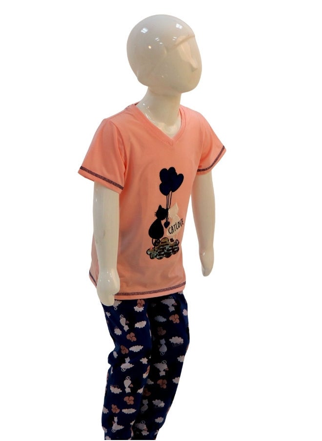JOANNA - JOANNA Girl's Cat Love Print V-Neck Short Sleeve Shirt & Long Pants Pajama Set, Pink/Blue - Image 1