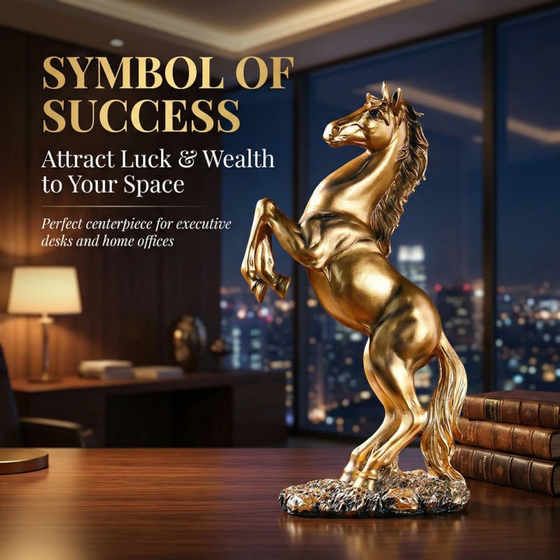 JINGTIANCD 12.2 inches Standing Horse Resin Statue Horse Art Figurine Decorative Home Office Decor Ornaments for Desk Bookshelf Cabinet to Attract Luck and Wealth (Golden) - Image 5