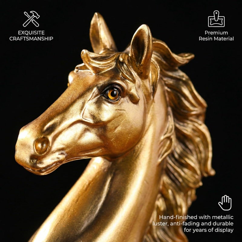 JINGTIANCD 12.2 inches Standing Horse Resin Statue Horse Art Figurine Decorative Home Office Decor Ornaments for Desk Bookshelf Cabinet to Attract Luck and Wealth (Golden) - Image 4
