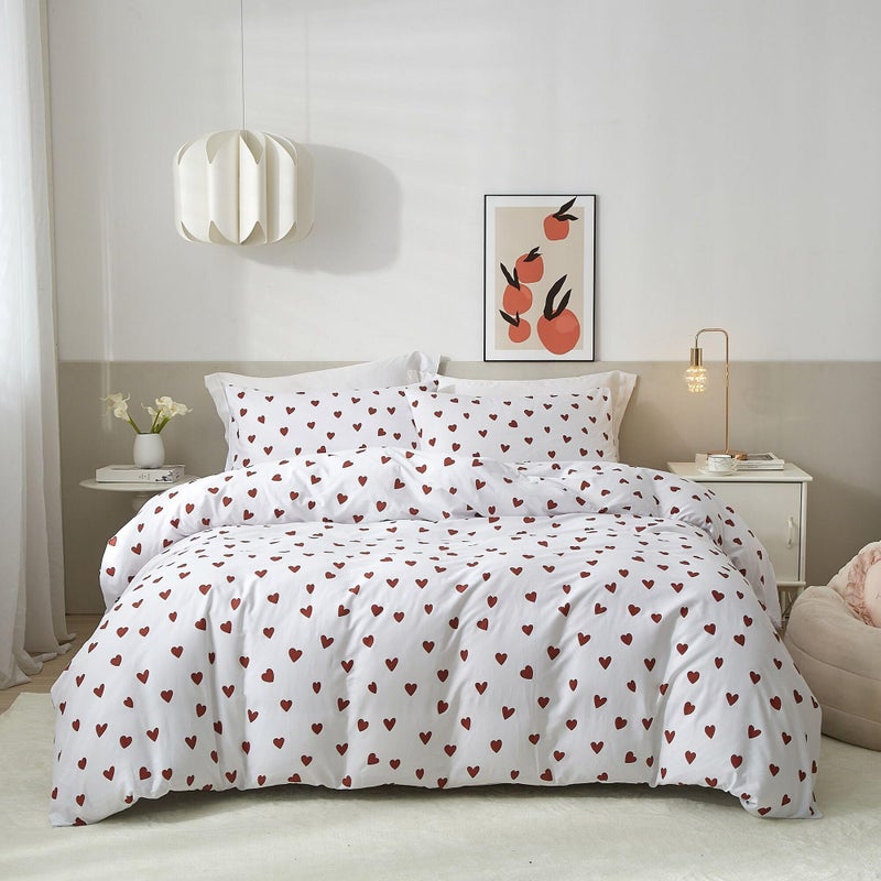 Ruccit Red Heart Duvet Cover Sets King Size 100 Cotton Love Heart Duvet Cover White Pattern Print 3pcs Modern Bedding Set with Zipper Closure Corner TiesSoftEasy CareBreathable