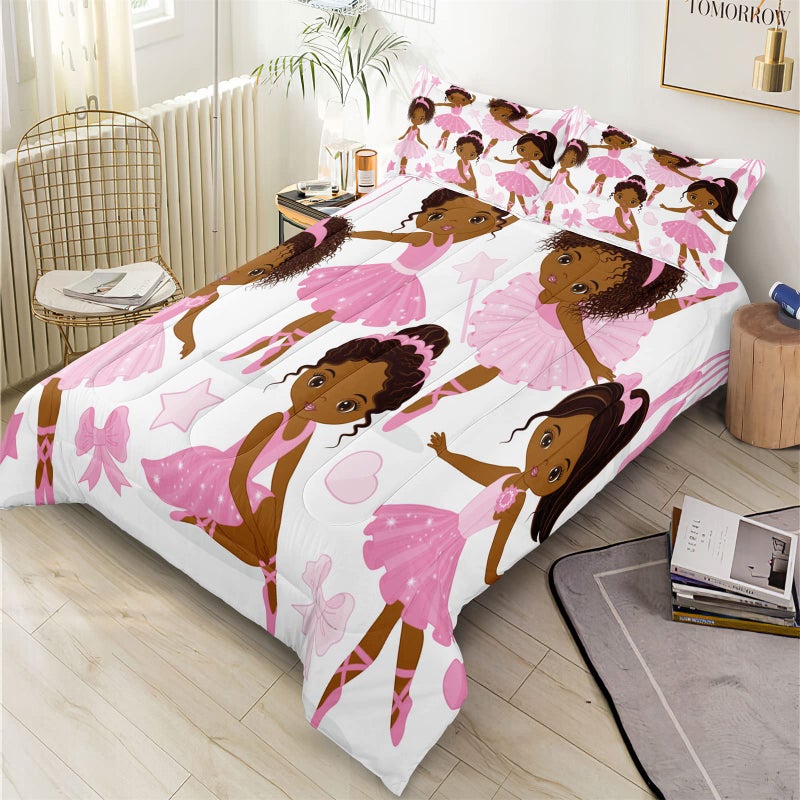 SIRDO Twin Bedding Sets for Girls  African American Magic Comforter Set with Ballet Dancer  Pink Bed Set for Toddler Kids Teens  Little Girls Bedroom Decor - Image 2