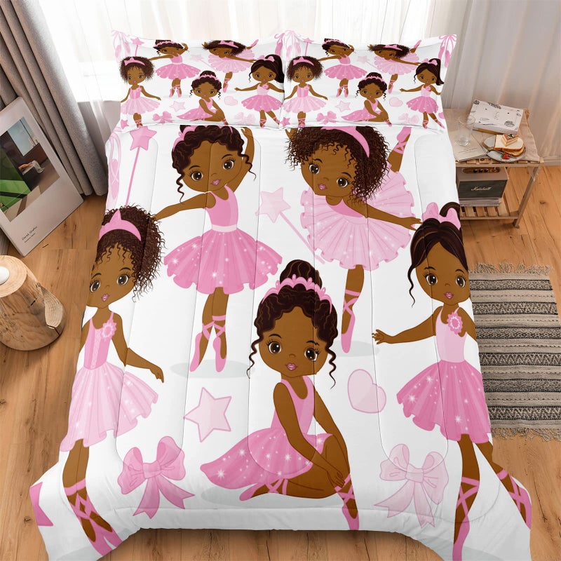 SIRDO Twin Bedding Sets for Girls  African American Magic Comforter Set with Ballet Dancer  Pink Bed Set for Toddler Kids Teens  Little Girls Bedroom Decor - Image 3