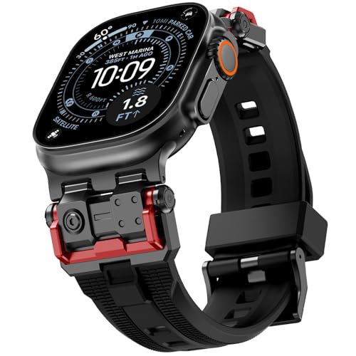 WINGLE FKM Rubber Band Compatible with Apple Watch Ultra 3/2/1 Band 49mm 46mm 45mm 44mm 42mm, Mecha Rugged Military Tactical Silicone Sport Bands for Men iWatch Series 11 10 8 7 6 5 4 SE, Black - Image 1