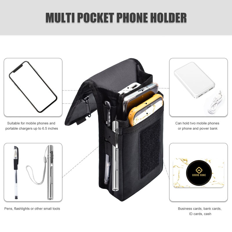 KATOLK Dual Phone Holster, Large Smartphone Pouch, Belt Clip Tool Pouch, Multi-Purpose Tactical Cellphone Holder for Working, Hiking, Camping, Barbecue, Rescue (XL) - Image 3