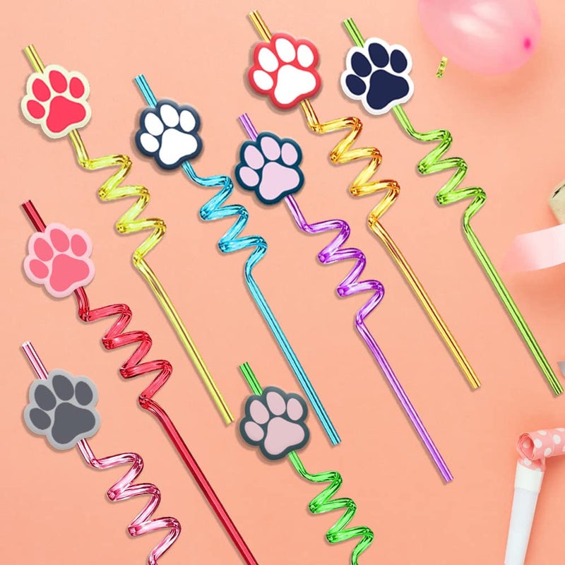 GREAWOD 24-Piece Dog Party Supplies - Paw Pattern Drink Straws  Dog Theme Party Decorations  Includes 2 Straw Cleaning Brushes (8 colors) - Image 1