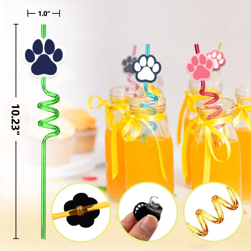 GREAWOD 24-Piece Dog Party Supplies - Paw Pattern Drink Straws  Dog Theme Party Decorations  Includes 2 Straw Cleaning Brushes (8 colors) - Image 3