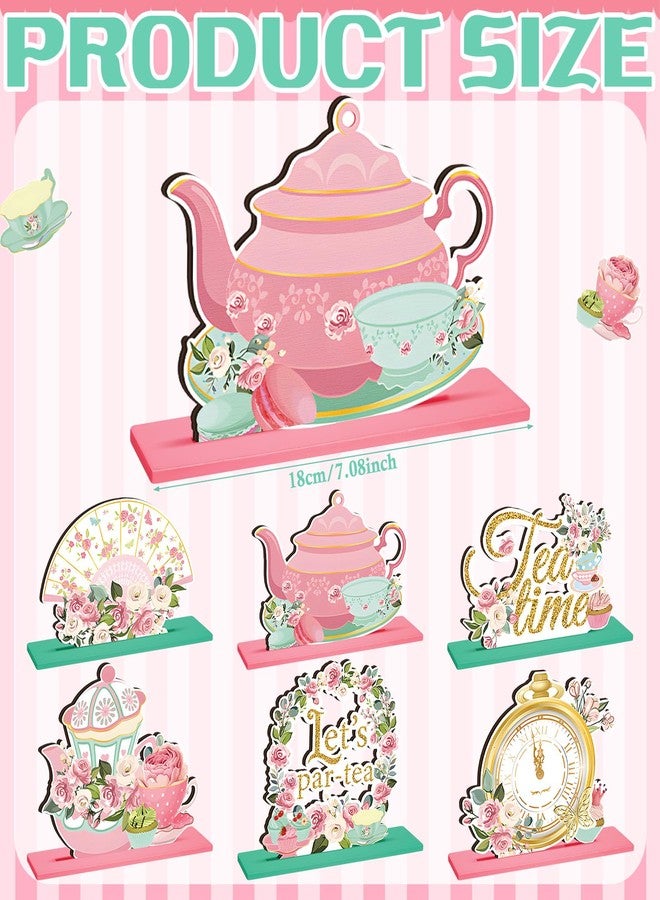 Pickmesh 6 Pcs Floral Tea Party Decorations Spring Floral Time Table Wooden Centerpieces Pink Flower Teapot Sign for Baby Shower Princess Birthday Spring Party Wedding - Image 2