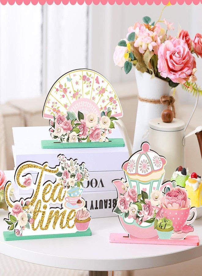 Pickmesh 6 Pcs Floral Tea Party Decorations Spring Floral Time Table Wooden Centerpieces Pink Flower Teapot Sign for Baby Shower Princess Birthday Spring Party Wedding - Image 3
