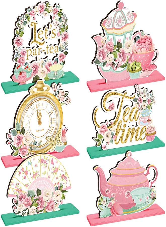 Pickmesh 6 Pcs Floral Tea Party Decorations Spring Floral Time Table Wooden Centerpieces Pink Flower Teapot Sign for Baby Shower Princess Birthday Spring Party Wedding - Image 1