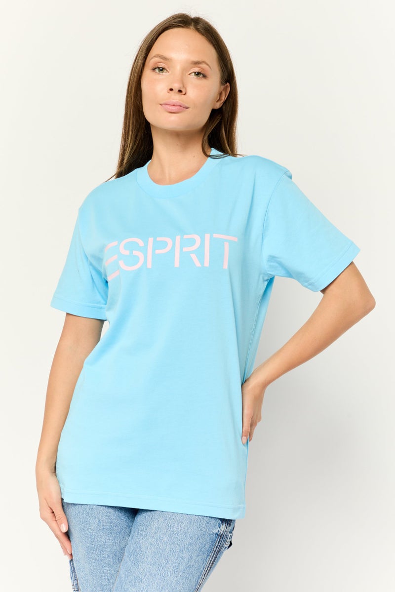 ESPRIT Women Crew Neck Short Sleeves Graphic Print T-Shirt, Light Blue - Image 1