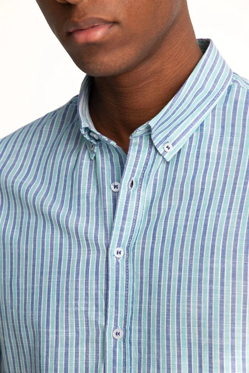 Tudors Slim Fit Slim Fit Long Sleeve Striped Linen Genco Shirt -