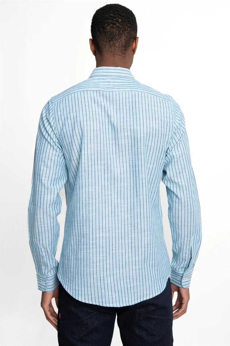 Tudors Slim Fit Slim Fit Long Sleeve Striped Linen Genco Shirt -