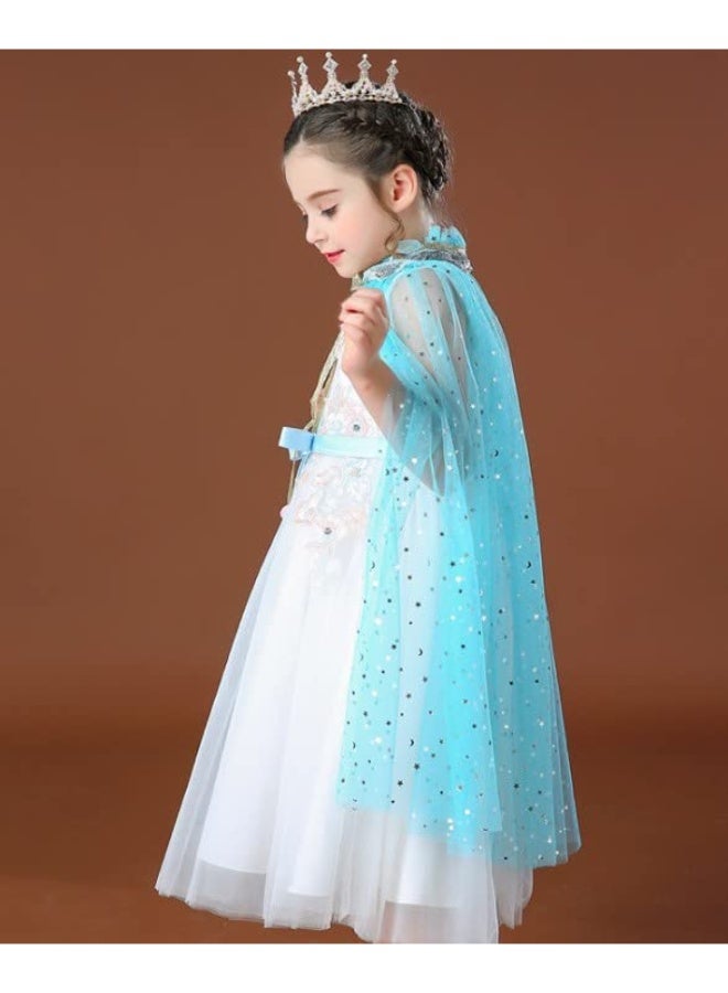 7 Pcs Princess Cape Set, Girls Princess Cloak with Tiara Crown, Crown Wand Gloves Necklace Earrings Wand for Little Girls Dress up (Light blue)  - Image 3