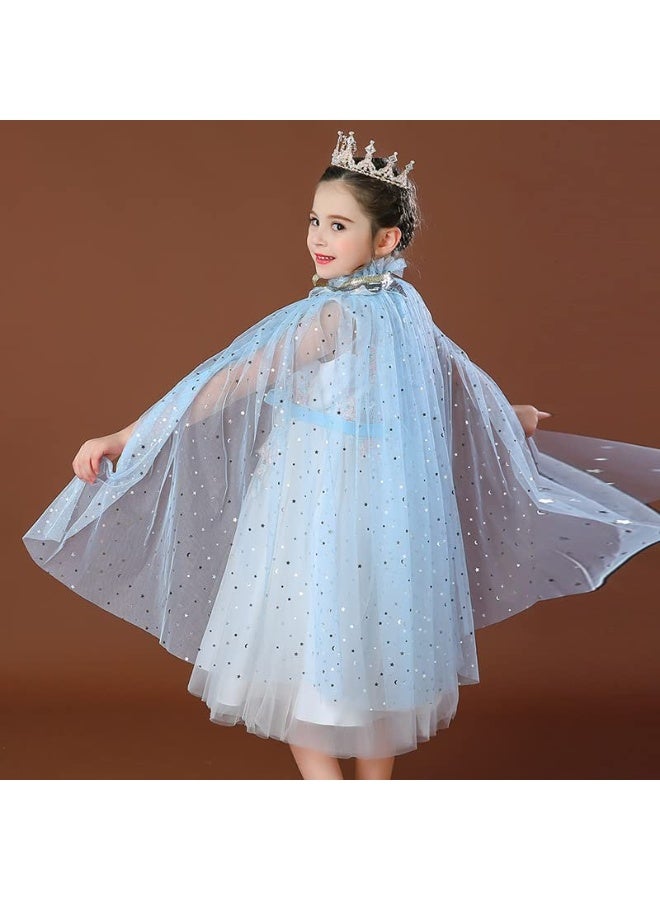 7 Pcs Princess Cape Set, Girls Princess Cloak with Tiara Crown, Crown Wand Gloves Necklace Earrings Wand for Little Girls Dress up (Light blue)  - Image 5