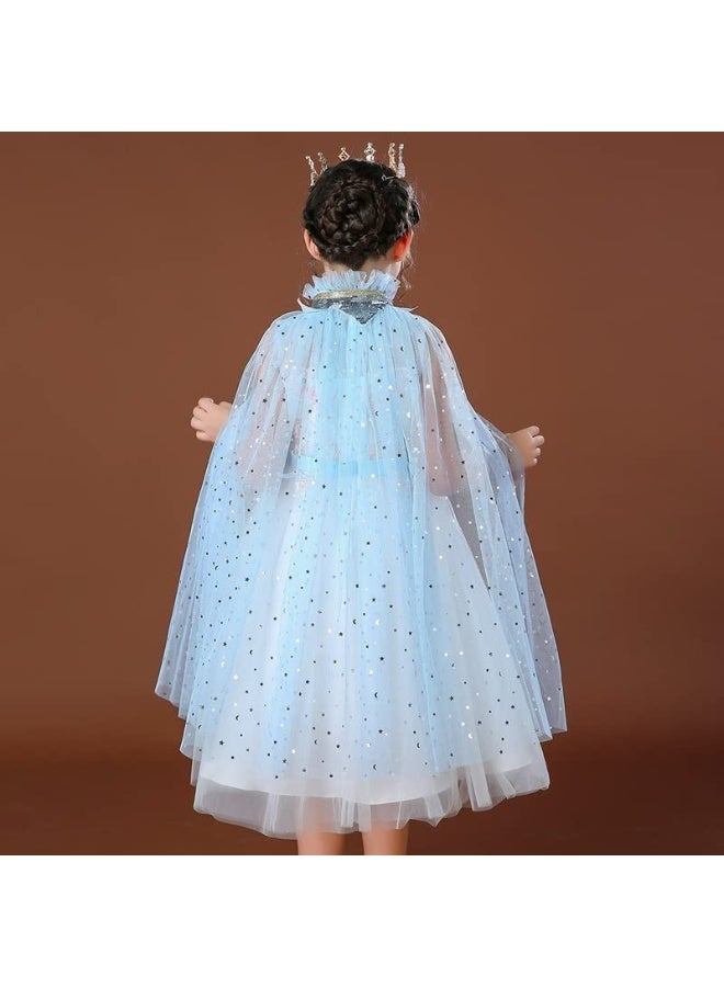7 Pcs Princess Cape Set, Girls Princess Cloak with Tiara Crown, Crown Wand Gloves Necklace Earrings Wand for Little Girls Dress up (Light blue)  - Image 4