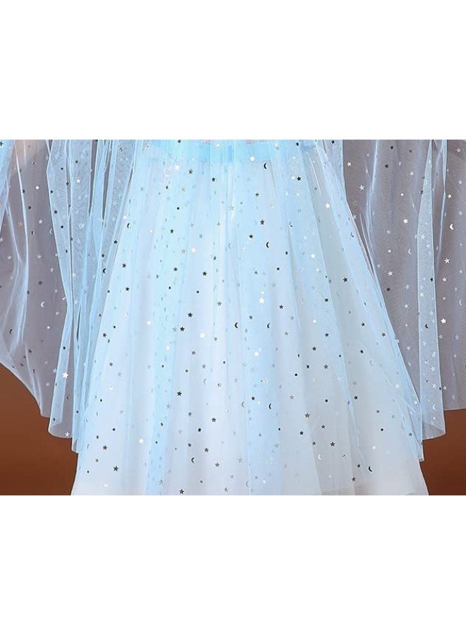 7 Pcs Princess Cape Set, Girls Princess Cloak with Tiara Crown, Crown Wand Gloves Necklace Earrings Wand for Little Girls Dress up (Light blue)  - Image 2