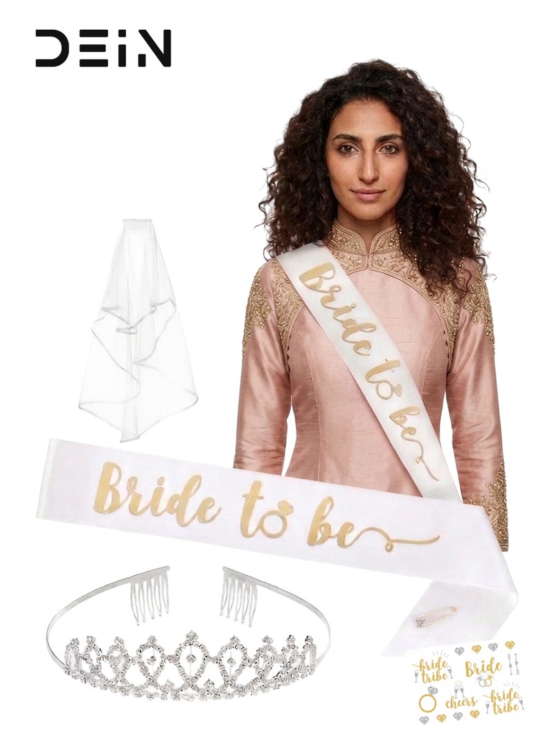 DEIN 5-Pack Bride to Be Bachelorette Party Decorations Kit - Complete Bridal Shower Supplies with Metal Tiara, Cascading Veil, Satin Sash & Temporary Tattoos - Image 1