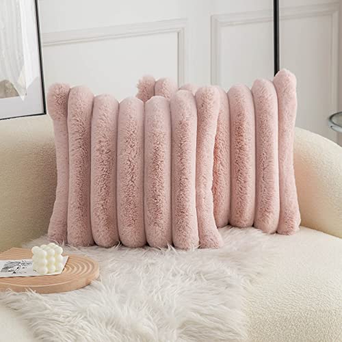 Neelvin Pink Faux Fur Cozy Soft Striped Decorative Throw Pillow Covers 24x24 inch Set of 2Velvet Pillowcase Cushion Case for Sofa Couch - Image 1