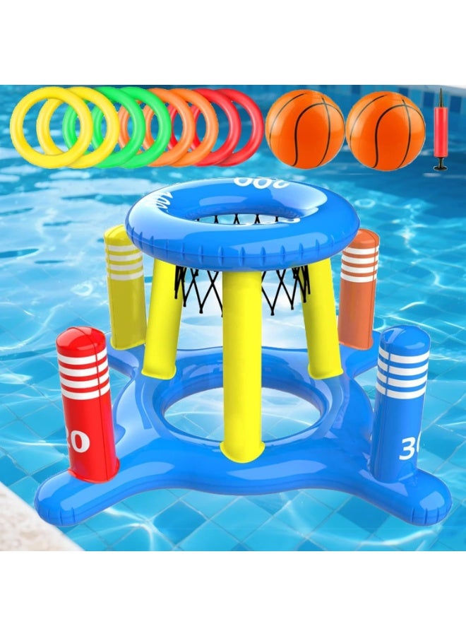 ZOXITYPool Toys Play set insufflation floating Pool Basketball Hoops and Ring Toss Game 2-in-1 Set,contain2 in 1 inflatable basketball hoop and cross ring thrower,2 inflatable basketballs,8 inflatable rings,1 hand pump,Pool toys for kids, teens, adults and families ﻿ - Image 1