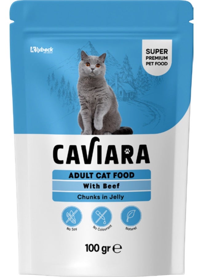 Caviara Pouch for Adult Cats  wit Beef  Chunks in Jelly 100gr