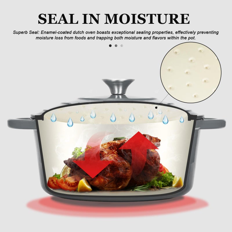 Overmont وعاء داتش أوفن من أوفermont مطلي بالمينا - وعاء سعة 7QT مع غطاء وكتاب طبخ وقفازات قطنية - أدوات طهي ثقيلة لتحضير الأطعمة، اليخنات، الشواء، وخبز الخبز باللون الرمادي - Image 2