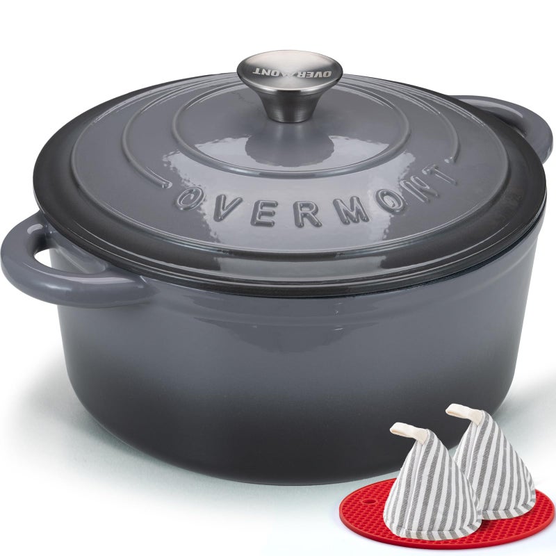 Overmont وعاء داتش أوفن من أوفermont مطلي بالمينا - وعاء سعة 7QT مع غطاء وكتاب طبخ وقفازات قطنية - أدوات طهي ثقيلة لتحضير الأطعمة، اليخنات، الشواء، وخبز الخبز باللون الرمادي - Image 1