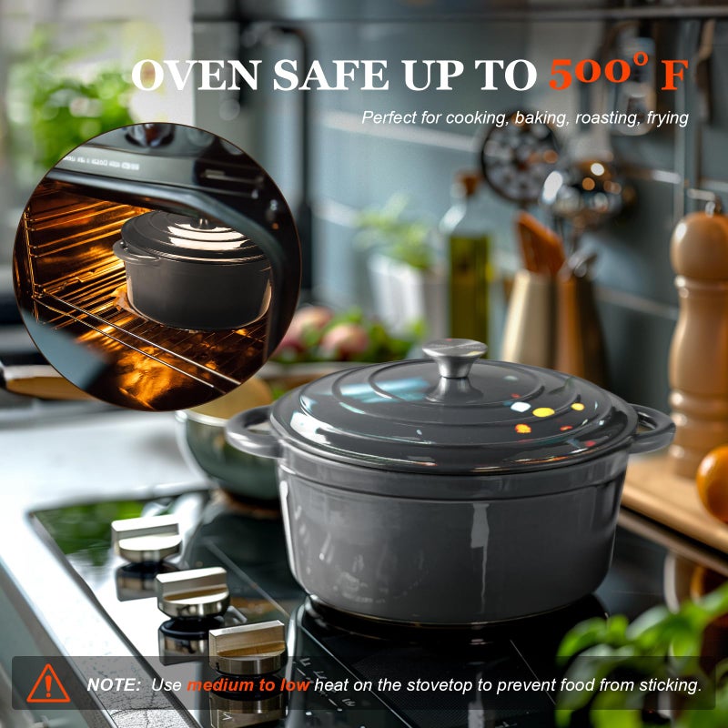 Overmont وعاء داتش أوفن من أوفermont مطلي بالمينا - وعاء سعة 7QT مع غطاء وكتاب طبخ وقفازات قطنية - أدوات طهي ثقيلة لتحضير الأطعمة، اليخنات، الشواء، وخبز الخبز باللون الرمادي - Image 5