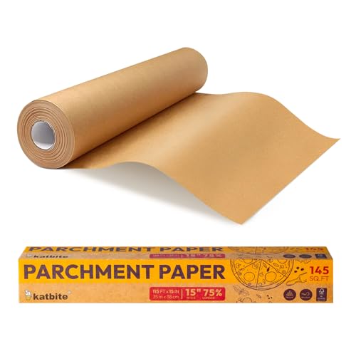 Katbite Parchment Paper Roll 15in x 115ft, Unbleached Pachment Baking Paper Roll 145 Sq.Ft, Non-Stick and Extra Longer Parchment Paper with Portable Serrated Cutter for Baking,Cooking,Space-saving - Image 1