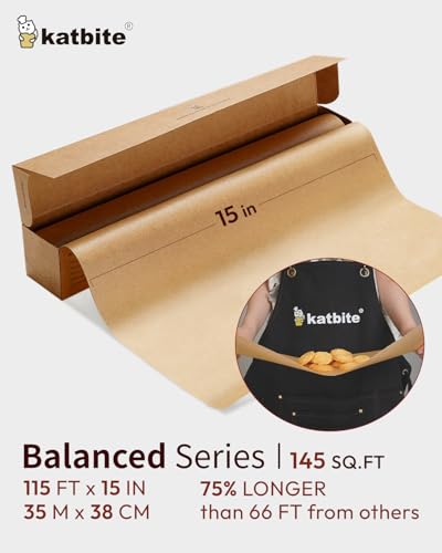 Katbite Parchment Paper Roll 15in x 115ft, Unbleached Pachment Baking Paper Roll 145 Sq.Ft, Non-Stick and Extra Longer Parchment Paper with Portable Serrated Cutter for Baking,Cooking,Space-saving - Image 2