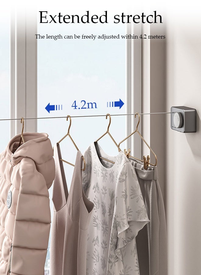 Invisible Clothesline，Retractable Clothesline,Indoor Stainless Steel Invisible Wall Hanging Rope,No Punching Required，Suitable for Living Room, Balcony, Bedroom, Outdoor, 4.2m，Style Grey