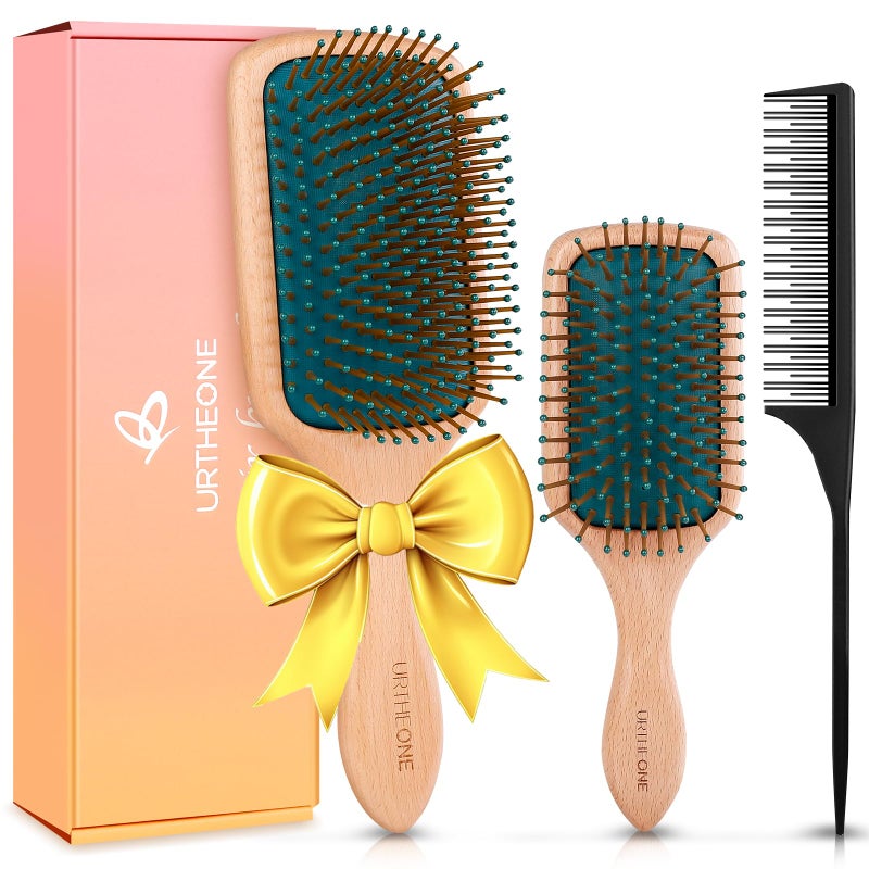 URTHEONE Hair Brush,Hair Brushes for Women Men Kids,Natural Wooden Paddle Detangler Brush and Small Travel Styling Brush Set for Curly Thick Thin Fine Wet Dry Hair Detangling Smoothing Massaging Blowdrying - Image 1