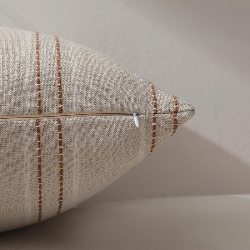 Hckot Fall Throw Pillow Covers 16x16 Set of 2 Striped Pillow Covers Textured Linen Decorative Pillows Square Cushion Covers for Sofa Couch Bed Living Room Farmhouse Decor(Caramel) - Image 4