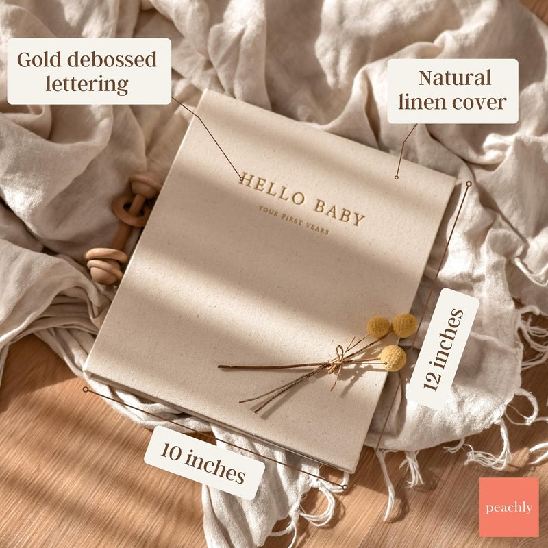 Peachly كتاب ذكريات الأطفال غير المحدد الجنس من بيشلي  تذكار بسيط للسنة الأولى للطفل  كتاب ذكريات السنة الأولى للأطفال  ألبوم صور بسيط للأطفال للأولاد والبنات  من الكتان الطبيعي  زيتون - Image 2