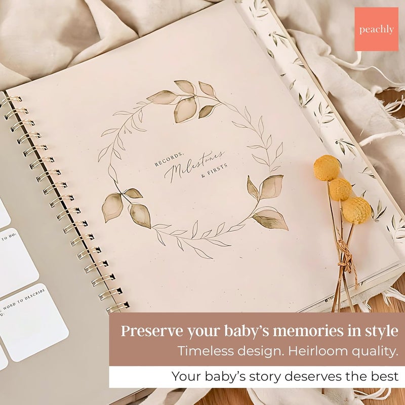 Peachly كتاب ذكريات الأطفال غير المحدد الجنس من بيشلي  تذكار بسيط للسنة الأولى للطفل  كتاب ذكريات السنة الأولى للأطفال  ألبوم صور بسيط للأطفال للأولاد والبنات  من الكتان الطبيعي  زيتون - Image 3