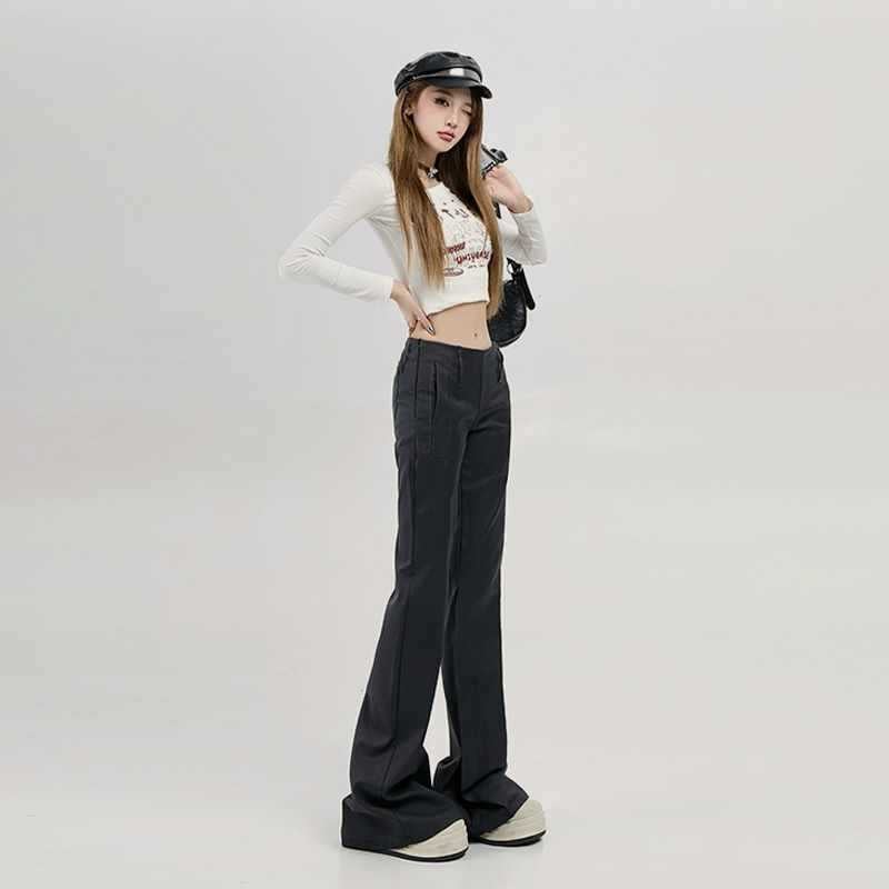 Grey Low Waist Casual American Style Horn Fleece-Lined Suit Pants Women'S Autumn High-End Dape Loose Mop Pants - Image 3