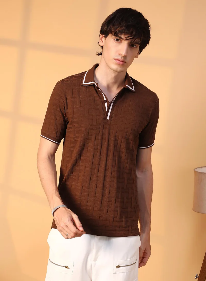 كامبوس سوترا Men's Coffee Brown Weave-Textured Polo T-Shirt For Casual Wear | Polo Neck | Short Sleeve | Half-Button Closure | T-Shirt Crafted With Comfort Fit For Everyday Wear