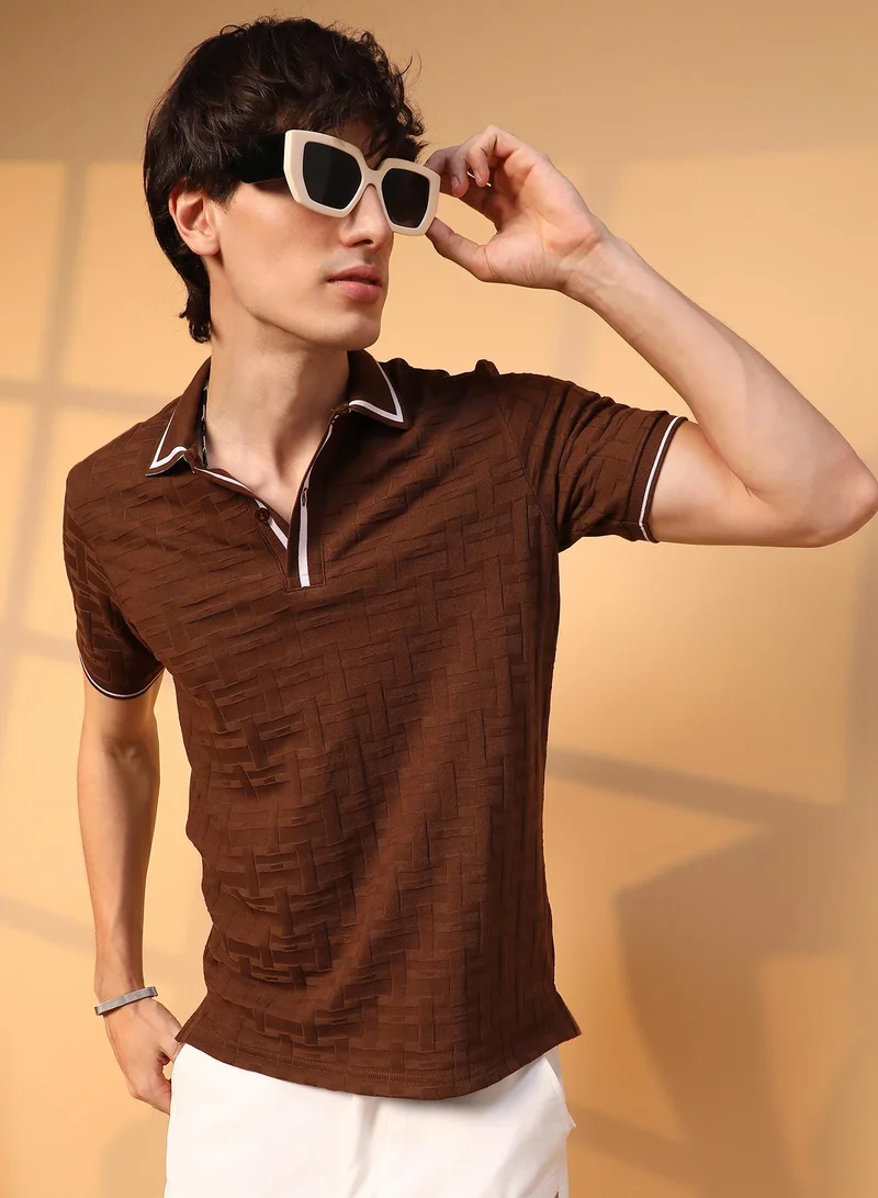كامبوس سوترا Men's Coffee Brown Weave-Textured Polo T-Shirt For Casual Wear | Polo Neck | Short Sleeve | Half-Button Closure | T-Shirt Crafted With Comfort Fit For Everyday Wear