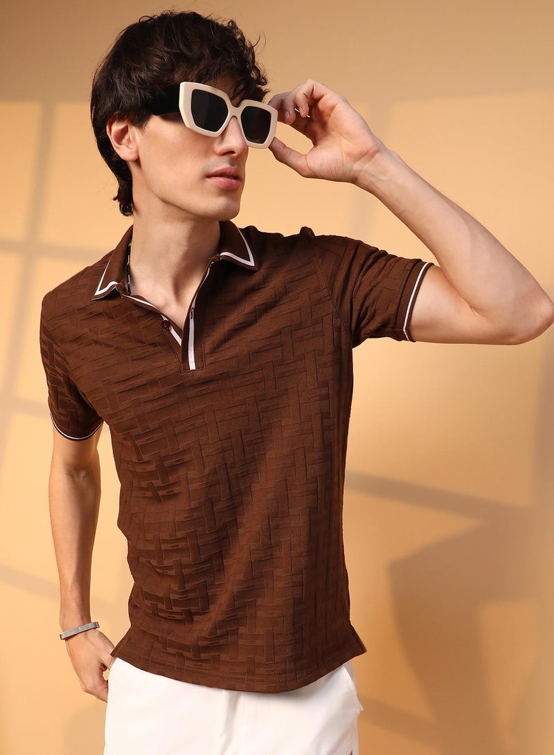 Campus Sutra Men's Coffee Brown Weave-Textured Polo T-Shirt For Casual Wear | Polo Neck | Short Sleeve | Half-Button Closure | T-Shirt Crafted With Comfort Fit For Everyday Wear - Image 1