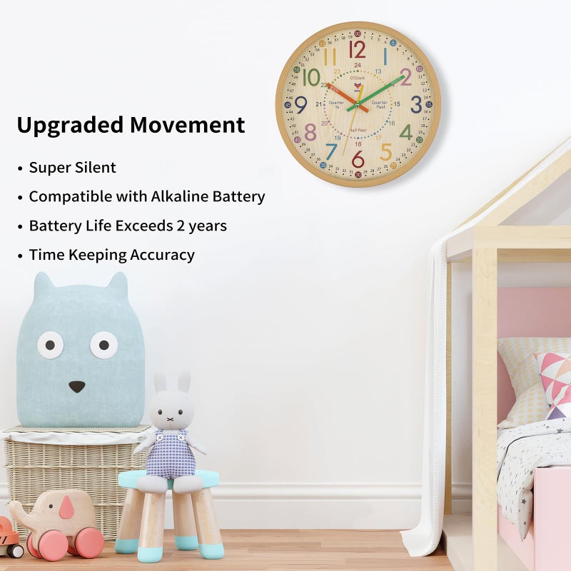 Foxtop Learning Clock for Kids - Telling Time Teaching Clock 12 Inch Silent Non-Ticking Battery Operated Kids Wall Clock for Kids Room Playroom Nursery Classroom School - Image 3